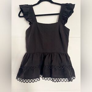 Greylin Top, Women’s Lace Bottom Ruffle Strap Black Small Shirt, Side Zip